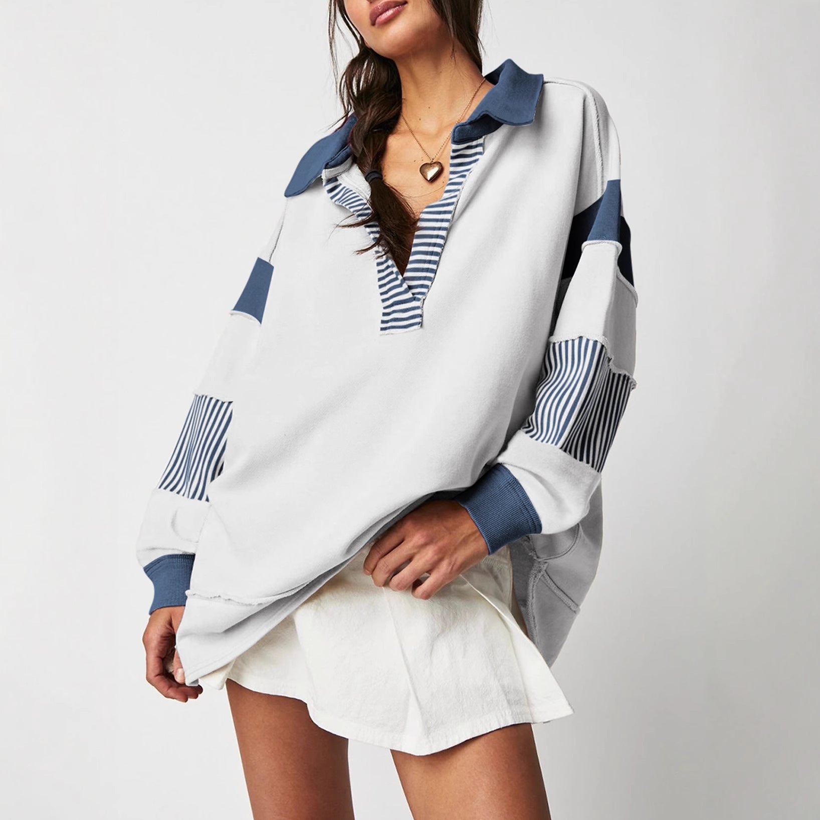 Pullover Stripe Color Matching Long Sleeve Loose Sweatshirt