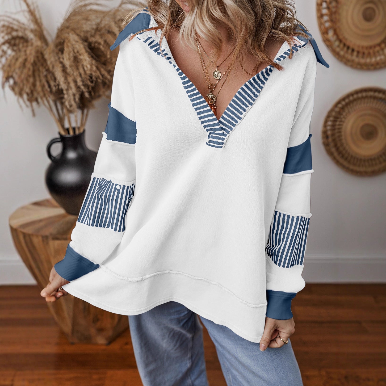 Pullover Stripe Color Matching Long Sleeve Loose Sweatshirt