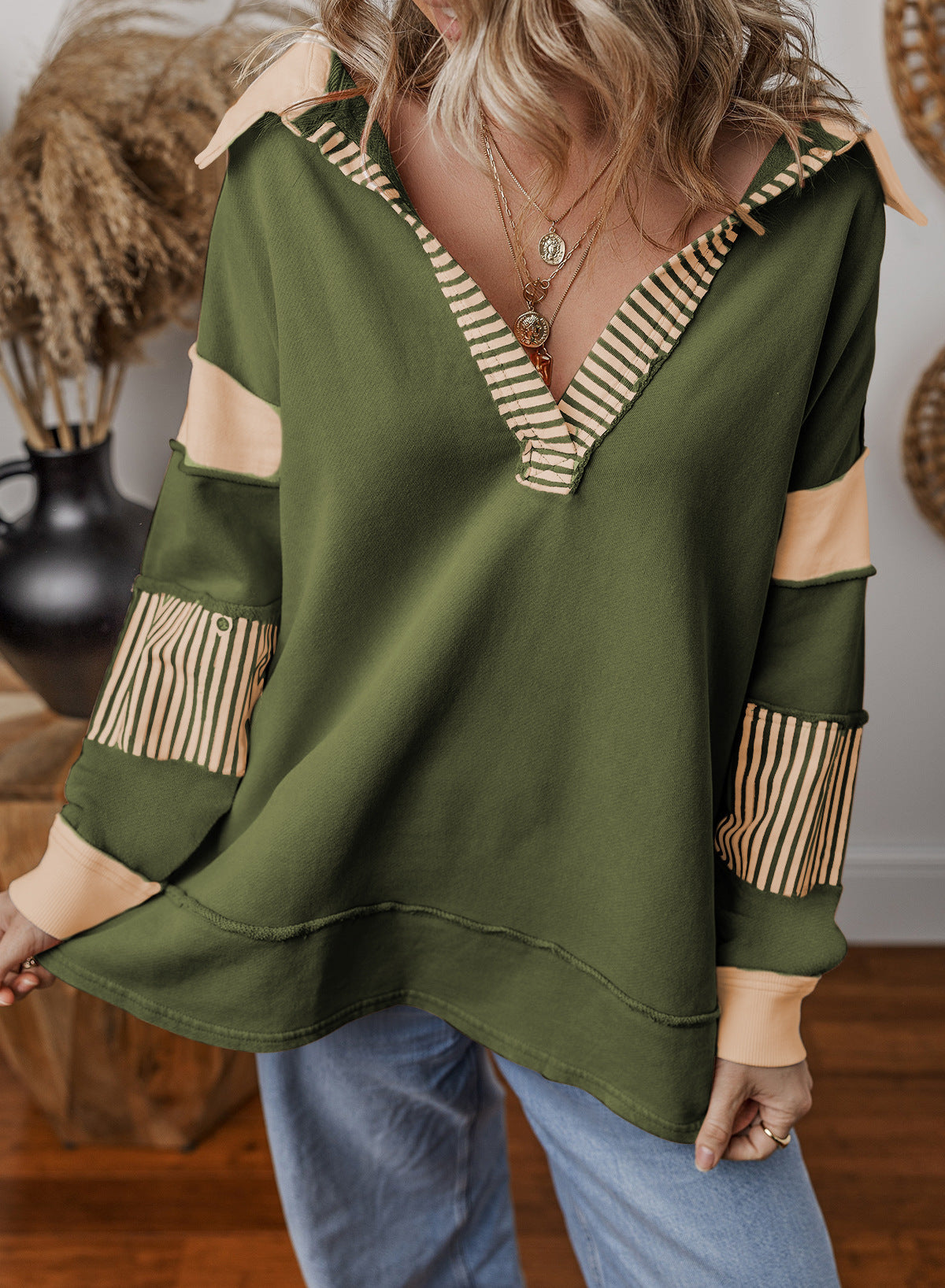 Pullover Stripe Color Matching Long Sleeve Loose Sweatshirt