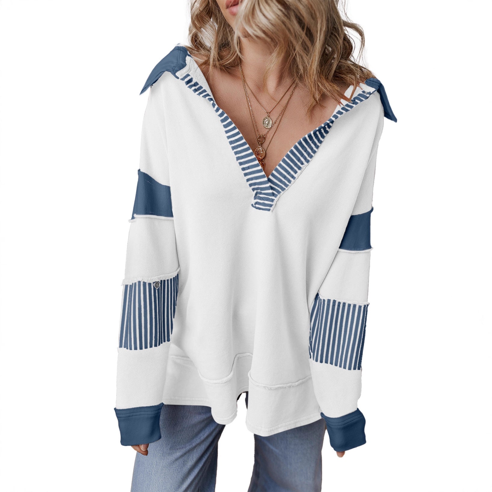 Pullover Stripe Color Matching Long Sleeve Loose Sweatshirt