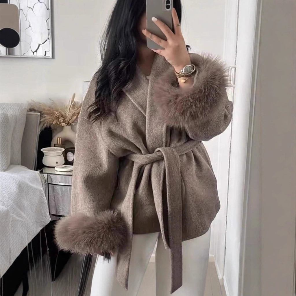 Fur V-neck Lace-up French Woolen Coat