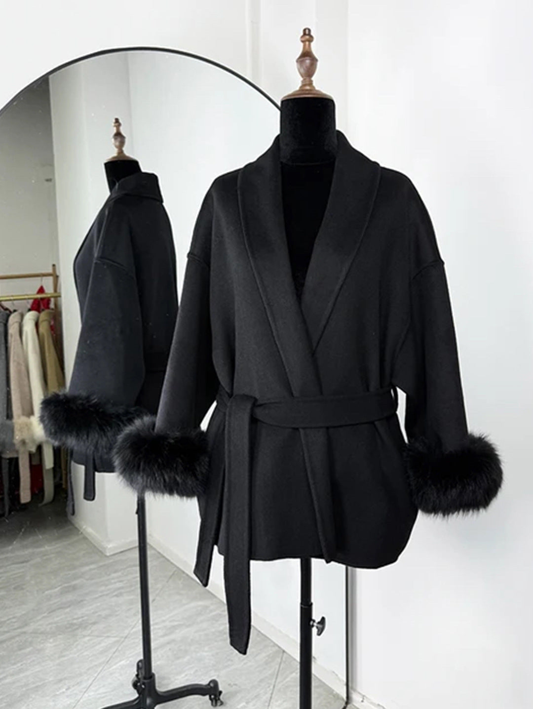 Fur V-neck Lace-up French Woolen Coat