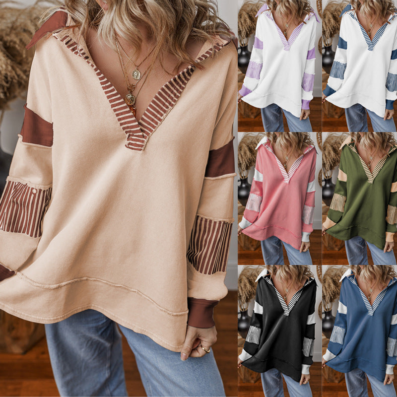 Pullover Stripe Color Matching Long Sleeve Loose Sweatshirt